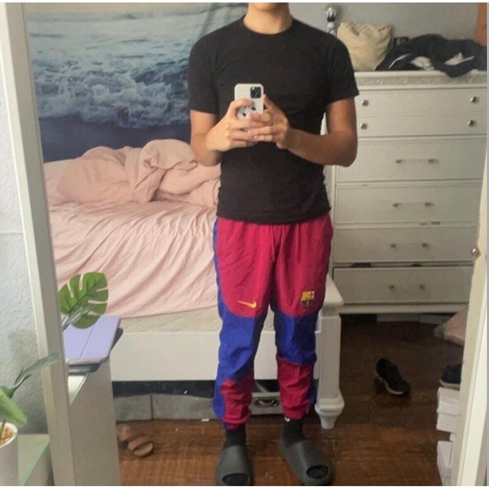 Nike Vintage Rare FCB Barcelona Nylon Soccer Pants Trackies Glanz Maroon Blue S